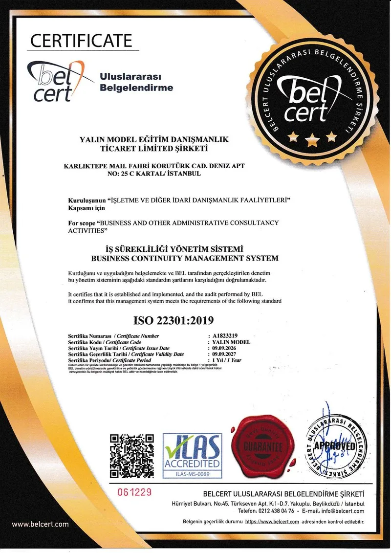 ISO 22301:2019 — İş Sürekliliği Yönetim Sistemi sertifikası